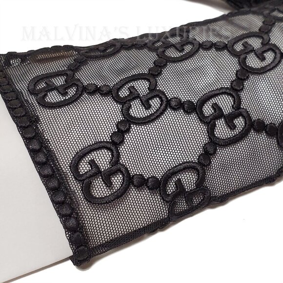 GUCCI GLOVES 787379 BLACK TULLE w GG LOGO MOTIF EMBROIDERY sz 8 / L - Picture 8 of 14